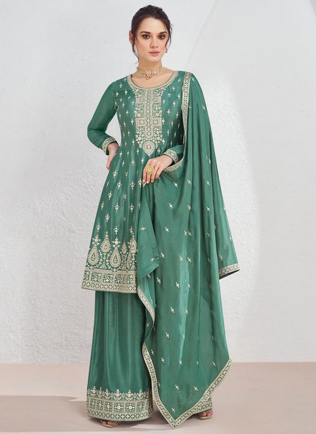 Chinnon Silk Green Party Wear Embroidery Work Readymade Salwar Suit